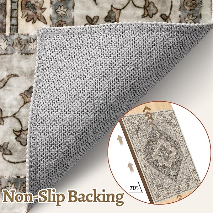Tangsoo 2x5 Washable Runner Rug for Hallways, Non Slip Vintage, Soft Low Pile Long Runner, Print Distressed Brown/Grey Runners for Kitchen Bedroom Entryway Bathroom Living Room
