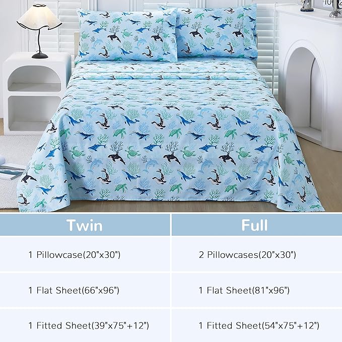 Viviland 3 Pieces Boys Blue Ocean Twin Sheet Set - Soft Microfiber Fitted Flat Sheets & Pillowcase - Blue Ocean Whales, Sea Turtles, Marine Organisms Bedding Sets - for Kids & Toddlers