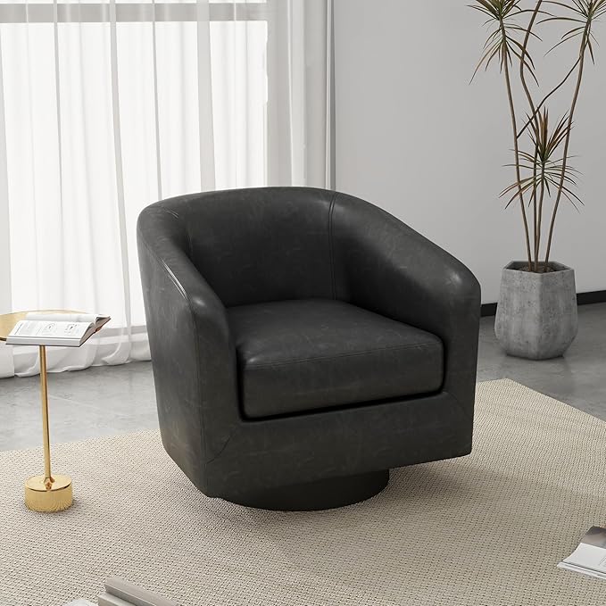 UIXE PU Leather Swivel Barrel Accent Chair Armchair for Living Room, Modern Round Club Arm Chair Upholstered Single Sofa Seating Corner Nook Side Reading Seat - Black