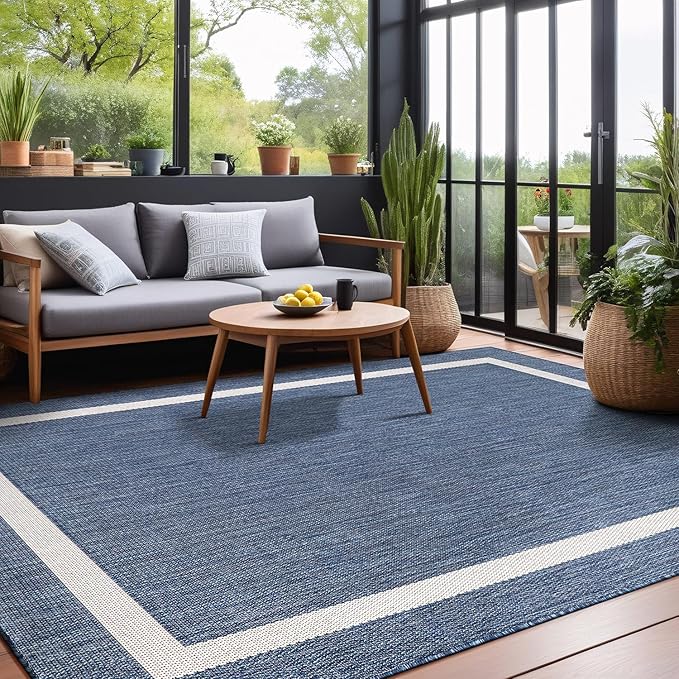 Bordered Outdoor Rug 9x12 Washable Outside Carpet for Indoor Patio Porch Waterproof Easy Cleaning Non Shedding Area Rugs Blue 9 x 12