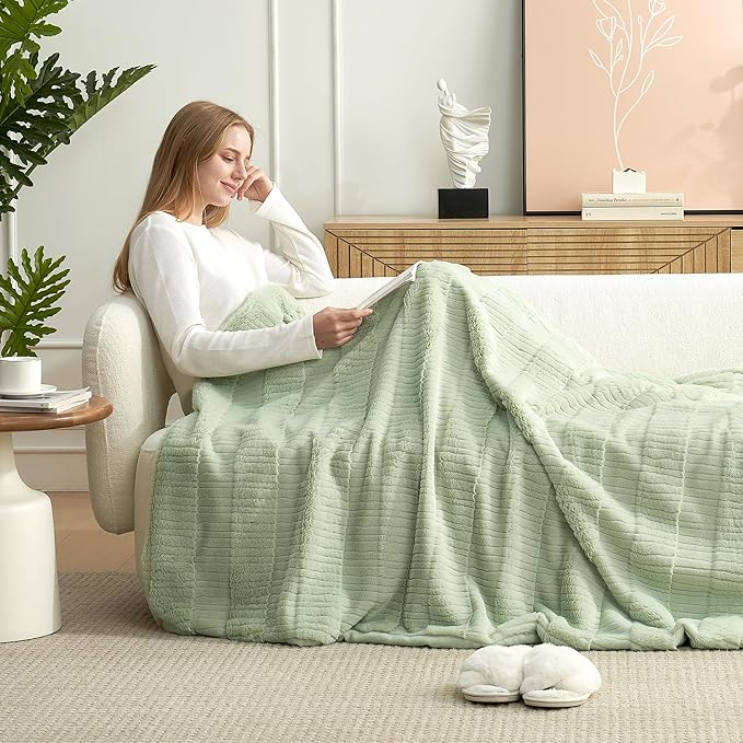 Amélie Home Luxury Striped Faux Fur Throw Blanket for Couch, Embossed Split Fur Cozy Fuzzy Fluffy Luxurious Soft Plush Sofa Chair Bed Gift Blankets for Women Men Wife Friend, 88"x90", Sage Green