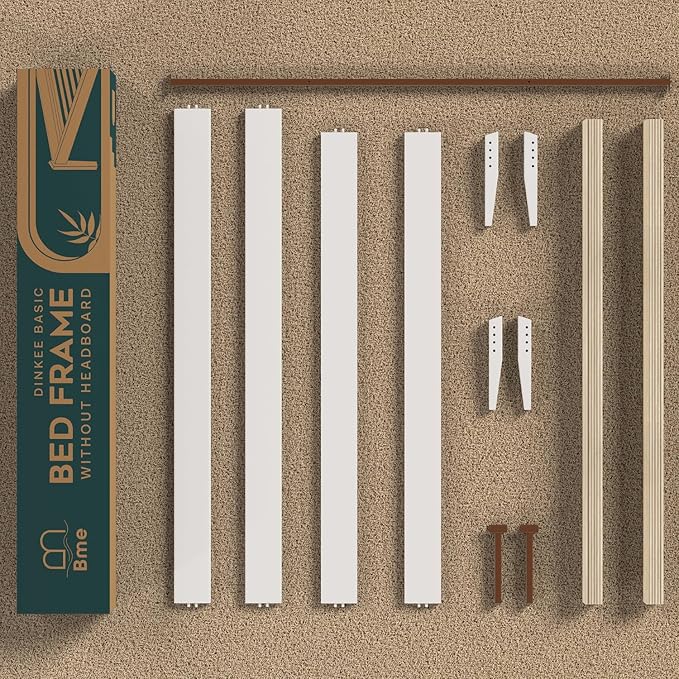 Bme Dinkee Signature Ivory White Queen Bed Frame Without Headboard - Modern & Minimalist Style with Acacia Wood - 12 Strong Wood Slat Support - Easy Assembly - No Box Spring Needed