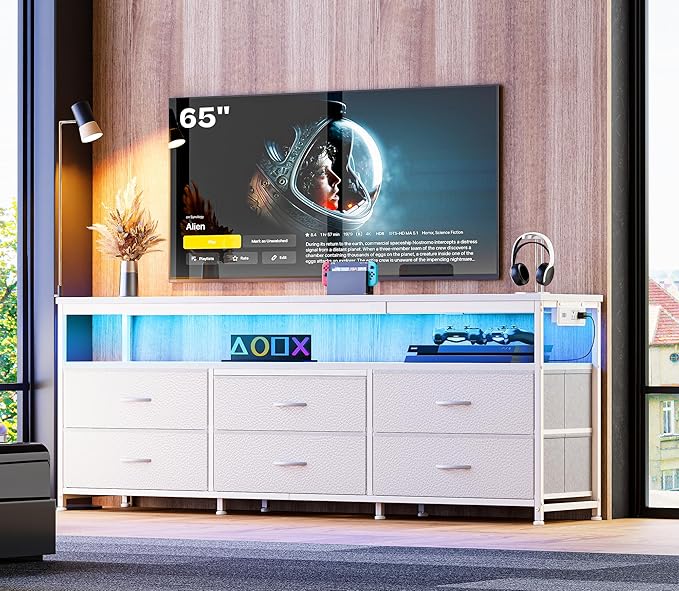 Huuger 63 Inch TV Stand for 55, 65, 70 Inch TV, Long Dresser TV Stand for Bedroom, White LED TV Stand with Power Outlets, Fabric Drawer Dresser with Storage, Entertainment Center for Living Room