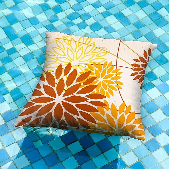 Brown Yellow Fall Pillow Cover 18X18 Inch Set of 2 Outdoor Waterproof Floral Brown Decorative Pillowcase Decor for Couch Patio Funiture Garden Print Polyester Cushion Cover 01M18
