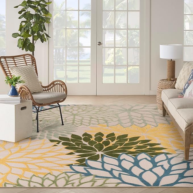 Nourison Home Aloha Indoor/Outdoor Green Multicolor 12' x 15' Area Rug, Easy Cleaning, Non-Shedding, Bed Room, Living Room, Dining Room, Backyard, Patio, Deck (12x15)