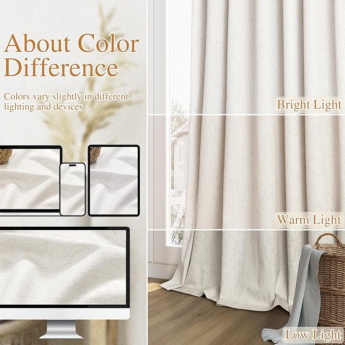 Guken Blackout Curtains 90 Inch Length 2 Panels Set for Living Room Bedroom Back Tab Thermal Insulated 100% Black Out Linen Drapes Room Darkening Window Curtains 90 Inches Long,Beige White