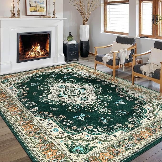 Living Room Rug 6x9 Rug, Machine Washable Area Rug Non Slip Low Pile Rug for Living Room, Bedroom, Farmhouse, Dining Room, Green