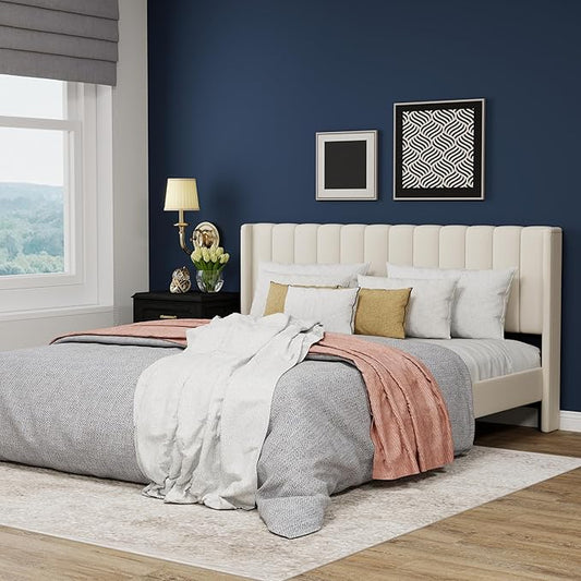 Upholstered Platform King Size Bed Frame with Headboard Wooden Slats Support No Noise Easy Assembly Beige Velvet