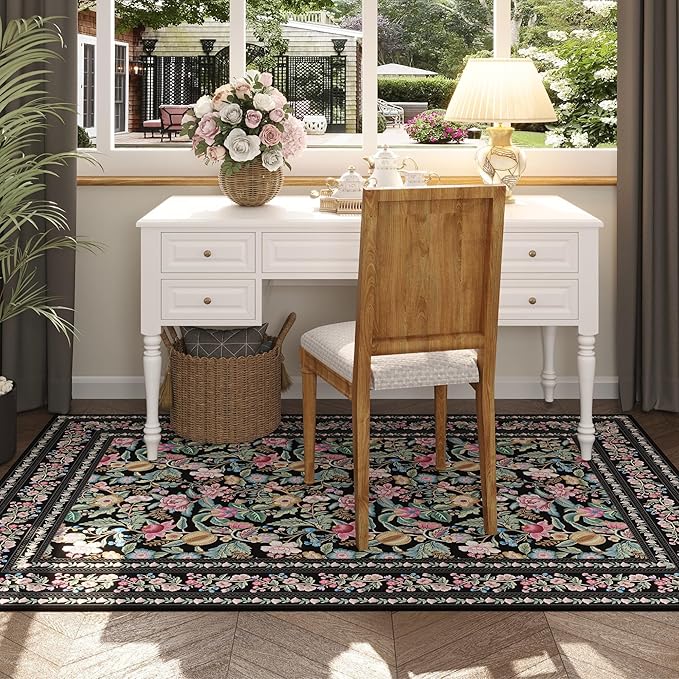 Bedroom Rug 3x5 Rug Washable Area Rug Non Slip Low Pile Vintage Floral Small Carpet for Bedroom, Bedside, Kitchen, Entryway, Kids Room, Office, Black