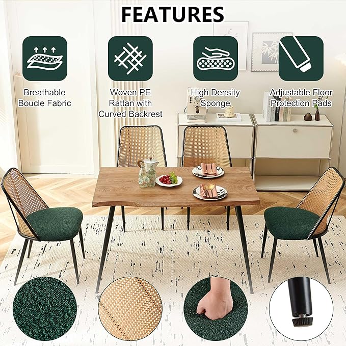 Modern Kitchen Dining Table Set for 4, 5 Pieces Wooden Breakfast Dining Table Set with 4 Upholsetered Boucle Dining Chairs Rattan Backrest,Metal Legs for Dining Room,Living Room