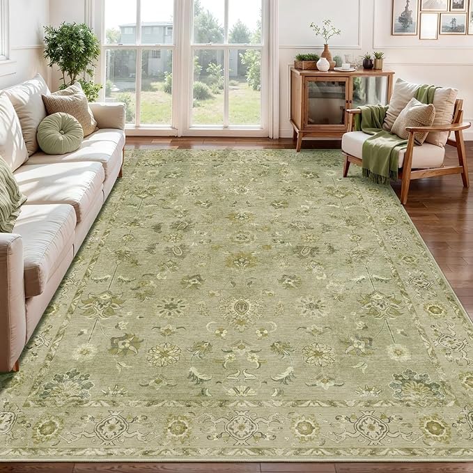 Tangsoo 5x7 Area Rug Washable Rugs for Living Room, Floral Vintage Indoor Non Slip Large Area Rugs, Print Distressed Green Carpet, Soft Low Pile Foldable Floor Rug for Bedroom Dining Room Dorm