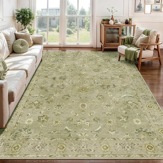 Tangsoo 5x7 Area Rug Washable Rugs for Living Room, Floral Vintage Indoor Non Slip Large Area Rugs, Print Distressed Green Carpet, Soft Low Pile Foldable Floor Rug for Bedroom Dining Room Dorm
