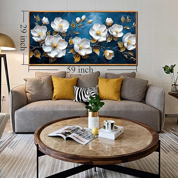 White Flower Wall Decor for Bedroom Women - Large Framed Wall Art for Living Room Ready to Hang Size 29"x 59"