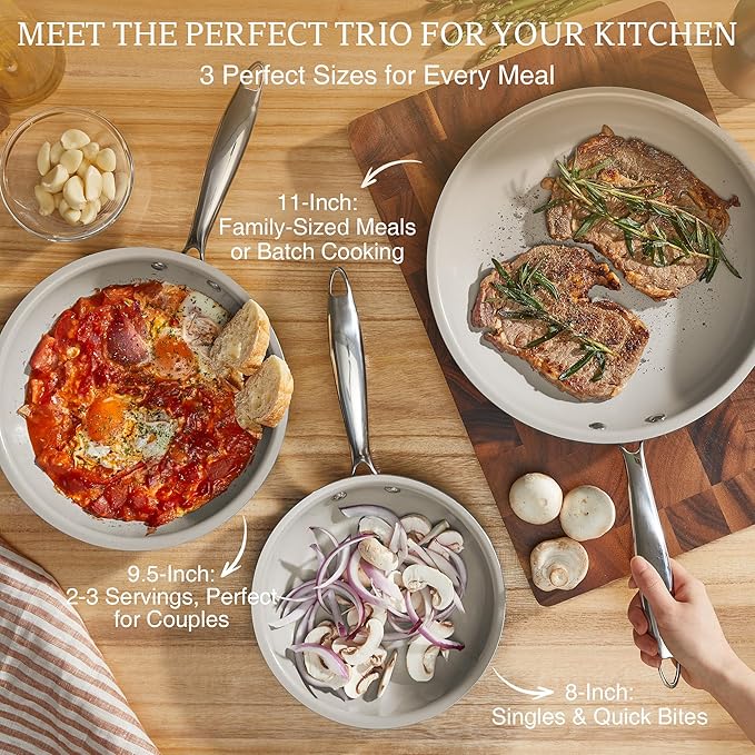 KITEXPERT Non Stick Frying Pans Set, Titanium Ceramic Pan Skillet Set Non Toxic, 8" 9.5" 11" Nonstick Frying Pan, Stainless Steel Handle, Dishwasher & Oven Safe, PFAS & PTFE & PFOA Free, Cream