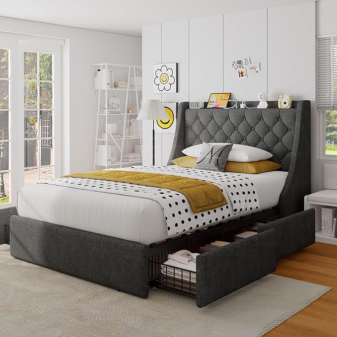 Upholstered Twin Bed Frame with 4 Storage Drawers, Platform Bed Frame with Large Wingback Headboard, Charging Station, No Box Spring Needed, Easy Assembly, Dark Grey
