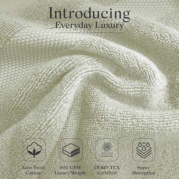 Zero Twist Bathroom Towel Set - Luxury Bath Towel Sets for Bathroom, Hands, and Washcloths - Quick Dry and Absorbent - 6 Pieces, 3 Stripe, Sage