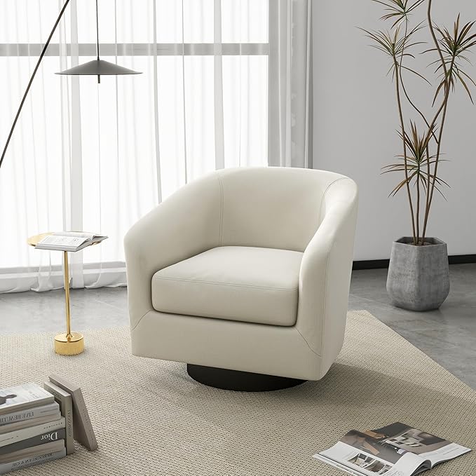 UIXE 360° Swivel Barrel Accent Chair Armchair, Modern Round Club Arm Chair Upholstered Living Room Single Sofa Seating Bedroom Side Reading Seat in Fabric for Home Office (Beige)
