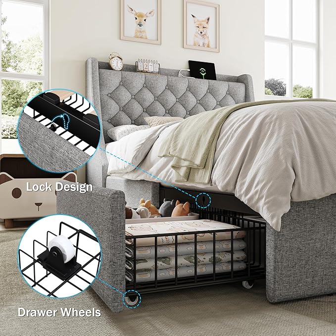 Twin Bed Frame with 4 Storage Drawers, Giant Upholstered Wingback Headboard, Fast Charging Station, No Box Spring Needed, Noise-Free, Light Gray