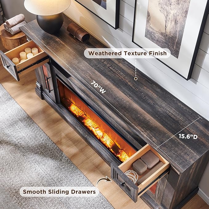 OKD Farmhouse Fireplace TV Stand for 80 Inch TV, Entertainment Center with 42" Fireplace & LED Lights, Modern Media Console Table with Storage Drawers & Cabinets for Living Room, Dark Rustic Oak