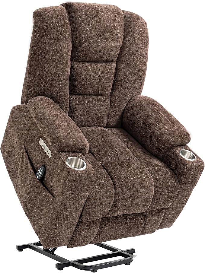 Power Lift Chair with Massage & Heat, Electric Recliner Chairs for Adults, Remote Control, Living Room Sofa, Standing Assistance, USB Ports, Stainless Steel Cup Holders, Chenill, Brown