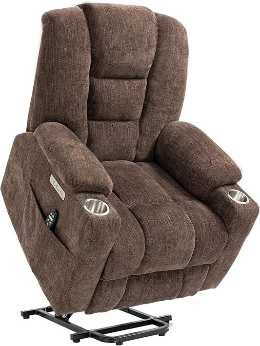 Power Lift Chair with Massage & Heat, Electric Recliner Chairs for Adults, Remote Control, Living Room Sofa, Standing Assistance, USB Ports, Stainless Steel Cup Holders, Chenill, Brown