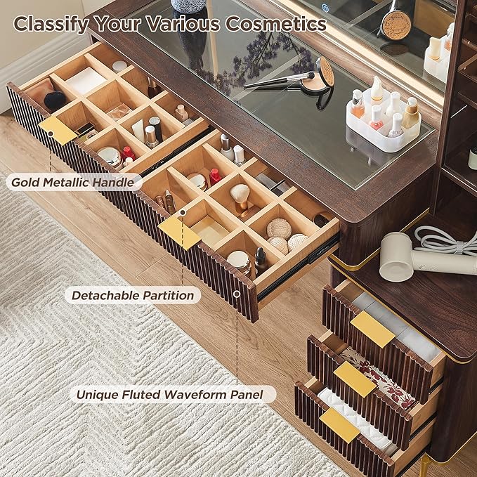 T4TREAM Fluted Makeup Vanity Desk with 36" HD Lighted Mirror, 48" Big Modern Vanity Desk with Mirror and Lights, Dressing Table with 5 Drawers & Shelves, Glass Top for Bedroom (Dark Walnut)