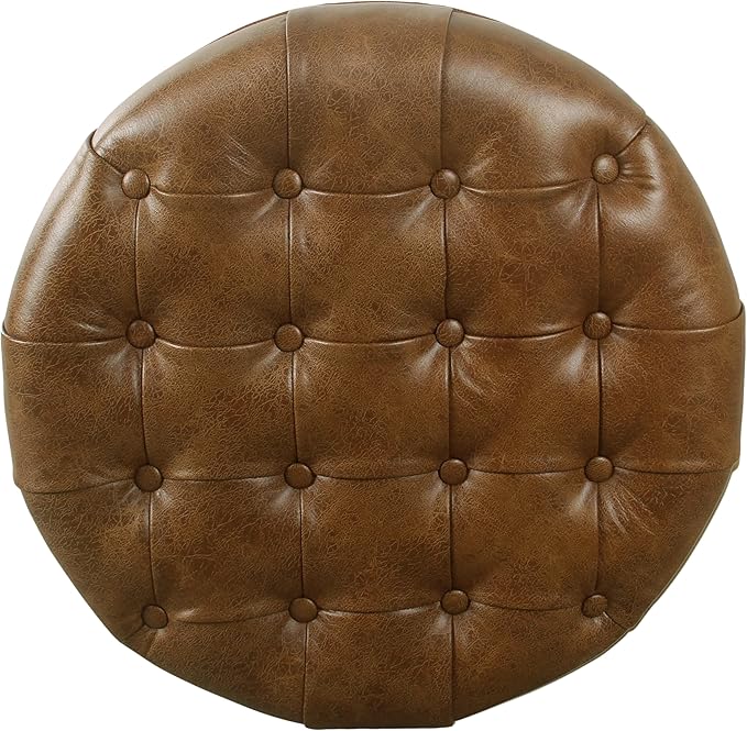 Homepop Home Decor | Button Tufted Faux Leather Round Storage Ottoman | Ottoman with Storage for Living Room & Bedroom (Brown)