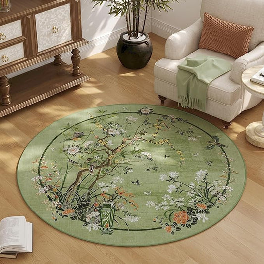 Circle Rug 4ft Chinoiserie-Style Floral Vintage Washable Round Rug Non Slip Low Pile Small Circular Rug for Bedroom, Bathroom, Entryway, Kids Room, Office, Green