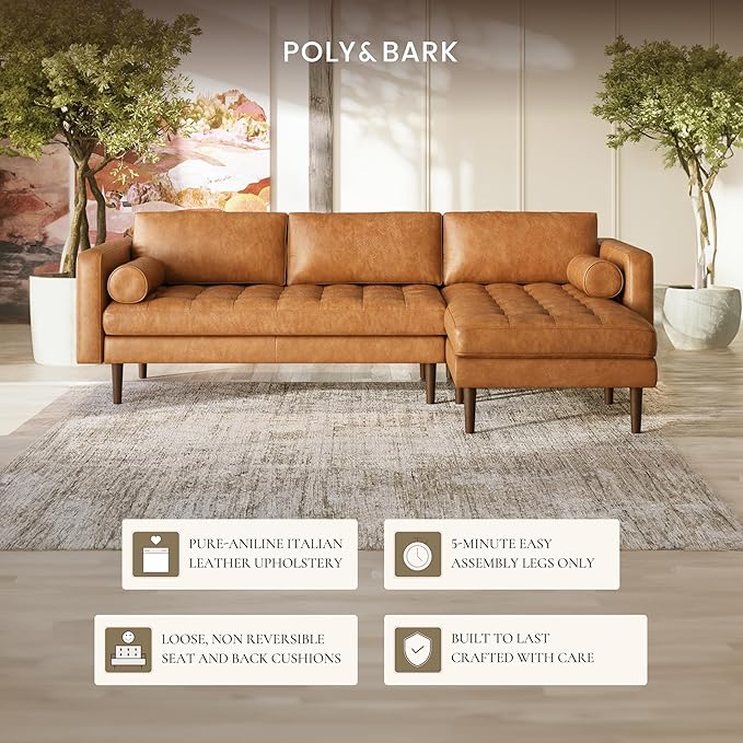 Poly & Bark Napa Leather Couch - Right Facing Sectional Sofa with 2 Bolsters - Full-Grain Leather Sofa for Living Room with Feather-Down Topper - Corner Couch - Vintage Italian Leather in Cognac Tan