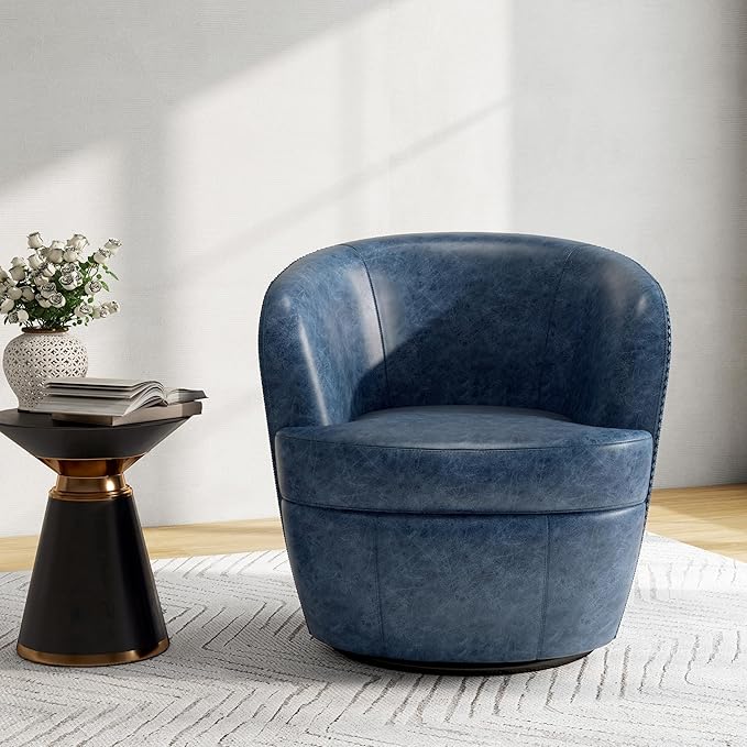 Swivel Barrel Chair, Modern Round PU Leather Accent Armchair for Living Room, Bedroom, Comfy Club Reading Chairs for Adults (Leather Navy Blue, Set of 1)