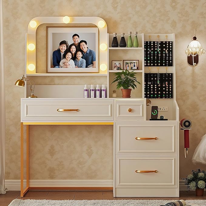 Makeup Vanity Desk with Mirror and Lights,Glass Top Dresser with Charging Station,Vanity Table with Storage and Jewelry Stand,Dressing Table,edroom Makeup Desk for Women,White