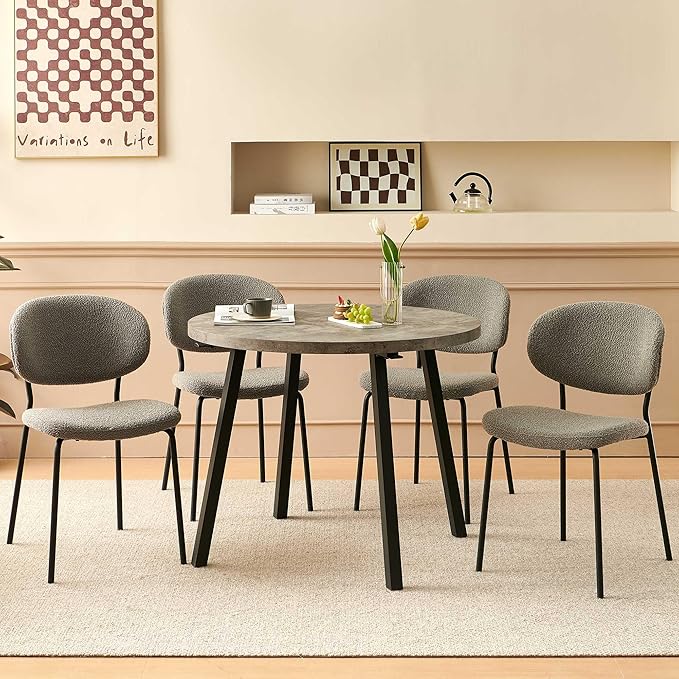 5-Pieces Kitchen Dining Table Set for 4, Grey Round Table MDF with 4 Metal Hooks for Hanging, Modern Dining Table Set with 4 Seated Grey Boucle Dining Chairs for Living Room, Apartment
