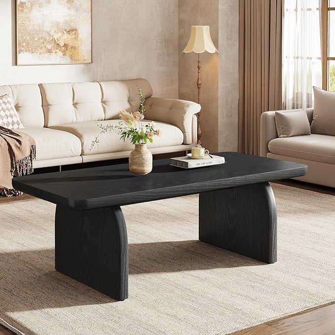 Tribesigns Farmhouse Coffee Table for Living Room, 47-Inch Mid-Century Rectangular Center Table with Rounded Corners, Modern Low Large Cocktail Tea Furniture, Easy Assembly (Black)