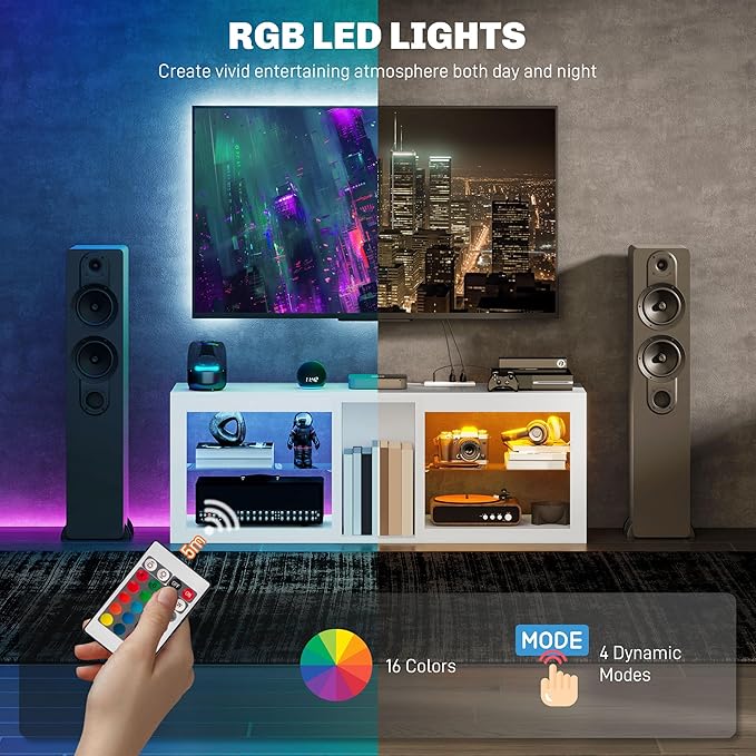 HOMCOM Modern TV Stand with LED Lights and Power Outlets for 55 Inch TV, 51" High Gloss Entertainment Center with Adjustable Glass Shelves, TV Console for Bedroom, Living Room, White