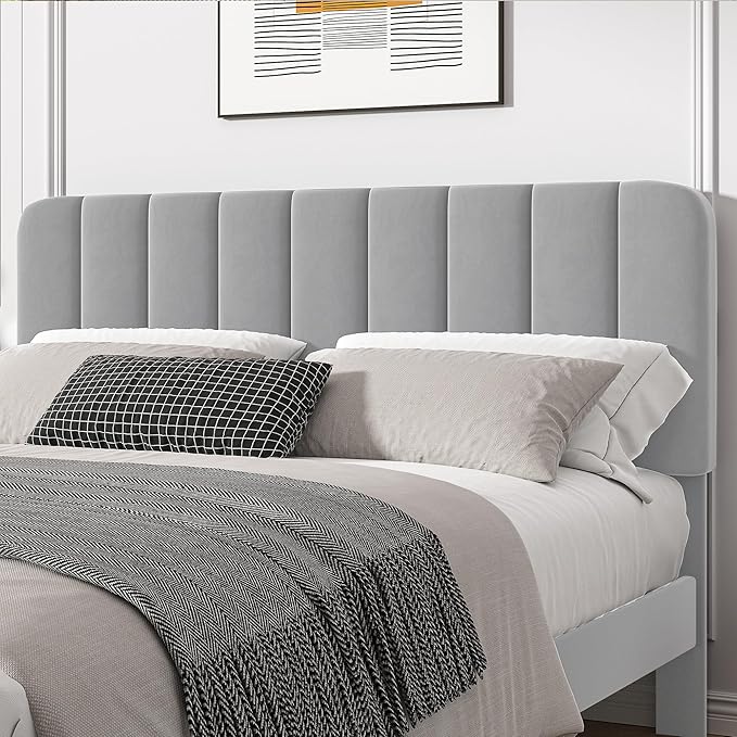 VECELO Full Size Bed Frame with Upholstered Headboard, Velvet Platform Bedframe Mattress Foundation, Strong Wood Slat Support, No Box Spring Needed,Light Grey