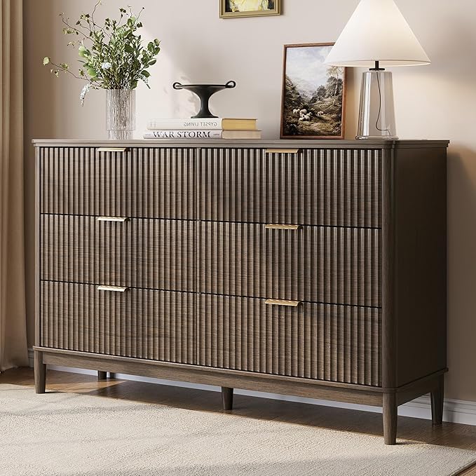 LINSY HOME Fluted Dresser for Bedroom with 6 Drawers, 54" Wide Chest of Drawers, Mid Century Modern Dresser TV Stand with Metal Handle, Wood Closet Storage Cabinet for Living Room, Hallway, Walnut