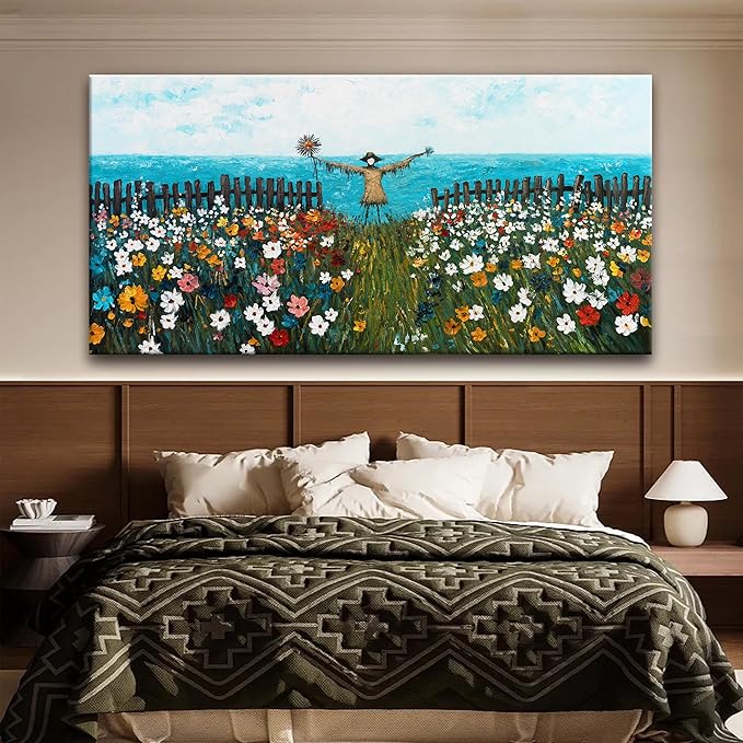 Tsomzxng Large Wall Art For Living Room Scene Canvas Art Wall Decor Picture Artwork Blue Sea Colorful Flowers Print Painting Scarecrow Landscape Bedroom Office Home Wall Decor 29x58 Inch
