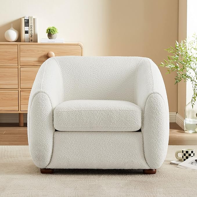 Modern Accent Chair for Living Room, Upholstered Armchair with Boucle Fabric, Single Sofa Chair with Solid Wood Legs, Boucle, White