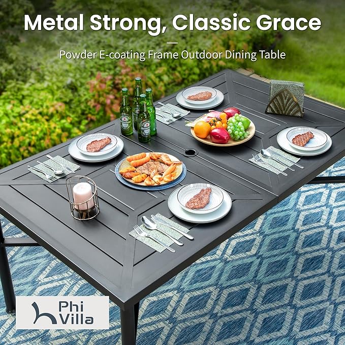 PHI VILLA 7-Piece Outdoor Dining Set, Rectangular Metal Table (64") with Umbrella Hole and 6 Stackable Dining Chairs – Perfect for Patio, Garden, Deck, Porch, and Yard, 7PCS Outdoor Dining Set Style 1