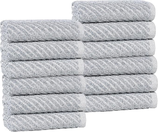 Superior Amelia Viscose Cotton Blend Medium Weight Small Towels, for Kitchen, Bathroom, Spa, Plush, Quick Dry, Ultra-Soft Essentials, Ribbed Design, Face Towels Washcloths, Set of 12, Denim Blue