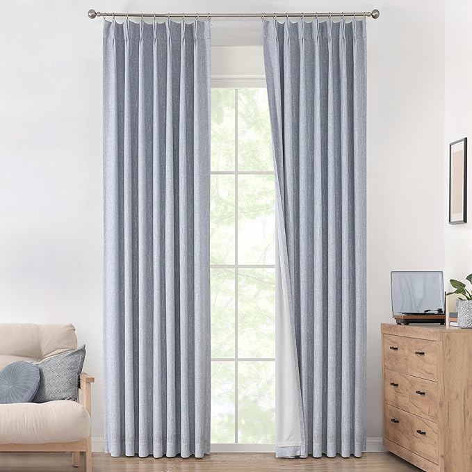 Vision Home Chambray Blue Pinch Pleated Full Blackout Curtains Room Darkening Window Curtains for Living Room Bedroom Thermal Insulated Pinch Pleat Blue Drapes with Hooks Back Tab 2 Panel 40" Wx120 L
