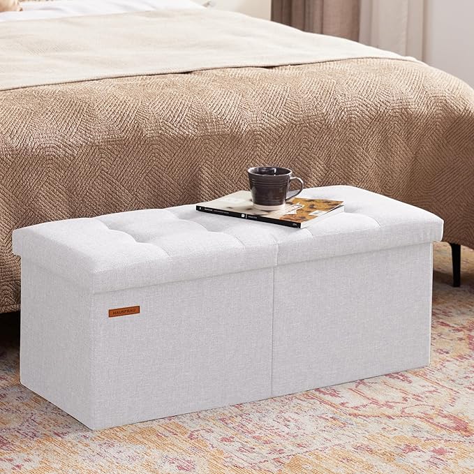 HAUSFRAU 31.5 Inches Ottoman with Storage Bench, Folding Ottoman Bench Small Foot Rest Stool, Bedroom Bench with Flipping Lid, Linen White