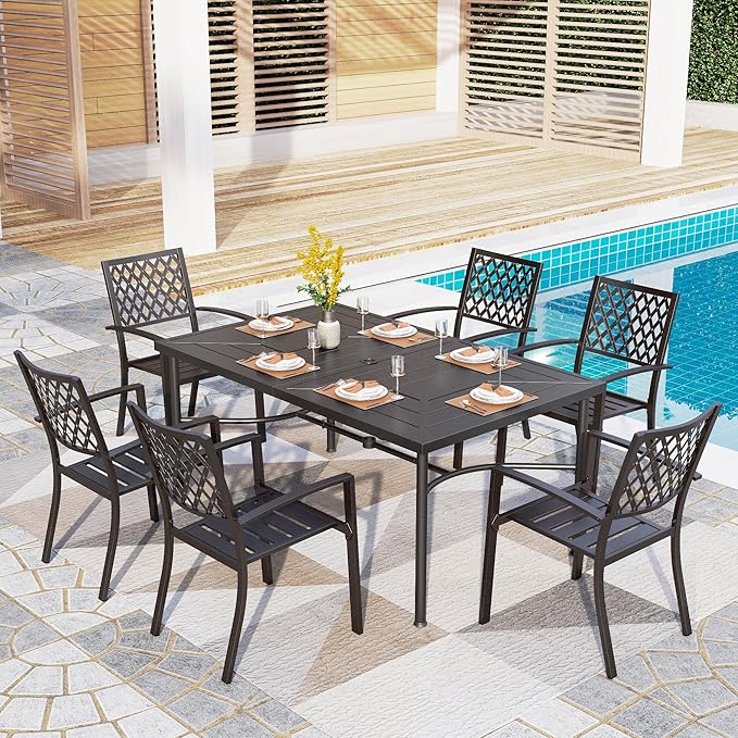 PHI VILLA 7-Piece Outdoor Dining Set, Rectangular Metal Table (64") with Umbrella Hole and 6 Stackable Dining Chairs – Perfect for Patio, Garden, Deck, Porch, and Yard, 7PCS Outdoor Dining Set Style 1