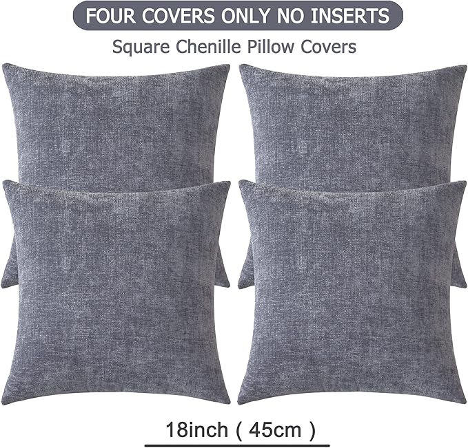 GAWAMAY Decorative Square Throw Pillow Covers 18"x18" Inch Set of 4, Super Soft Chenille Pillows Cover Fall Pillowcase for Living Room Bedroom Sofa Couch Cushion Cover Grey 45x45cm (No Insert)
