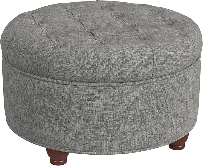 HomePop Home Decor |Button Tufted Woven Round Storage Ottoman | Ottoman with Storage for Living Room & Bedroom (Gray Woven)