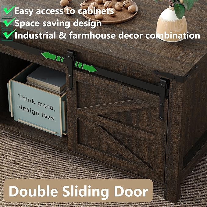 47.3'' Lift Top Coffee Table Rectangle Farmhouse Coffee Table with Storage Rustic Center Table with Sliding Barn Doors for Living Room, Home, Dark Brown