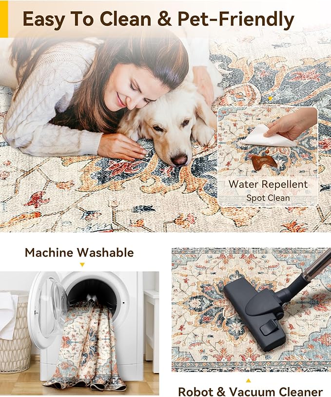 Area Rugs 10'x12' Washable Non-Slip, Floral Vintage Distress Print Pattern Medallion Carpet for Living Room Bedroom Dining Room, Beige Navy Blue Orange Colorful