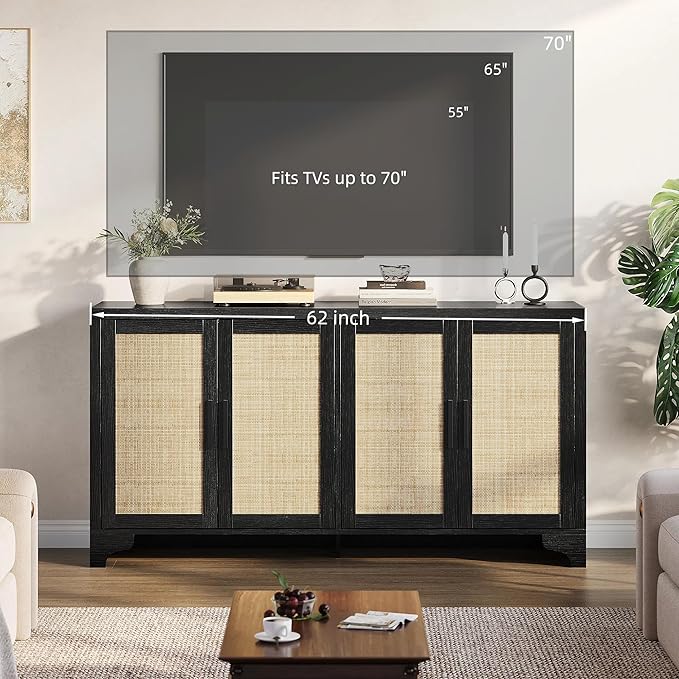 GAOMON TV Stand for TVs Up to 70'', Natural Rattan Entertainment Center with Storage Cabinets, Boho Media Console Table for Living Room, Farmhouse Cabinet, Black