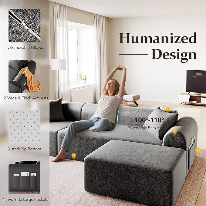 105.5" Cloud Sectional Couch with Ottoman & 4 Pillows, L Shaped Couches Boneless Sofa for Living Room, Chenille Fabric Deep Seat Comfy Couch, No Assembly Required, 72h to Restore