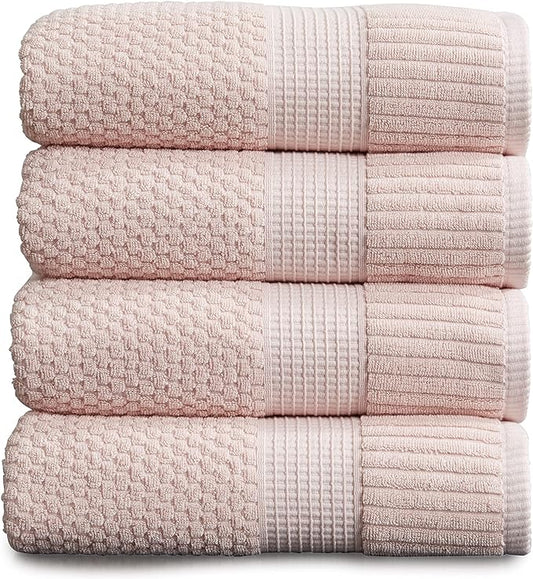 NY Loft 100% Cotton Bath Towel 4 Pack | Super Soft & Absorbent Quick-Dry Bath Towels 30" x 52" |Textured and Durable Cotton | Trinity Collection (4 Pack Bath Towel, Light Pink)